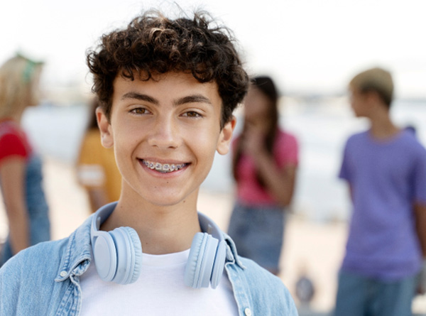 Young boy with braces and wearing headphones 