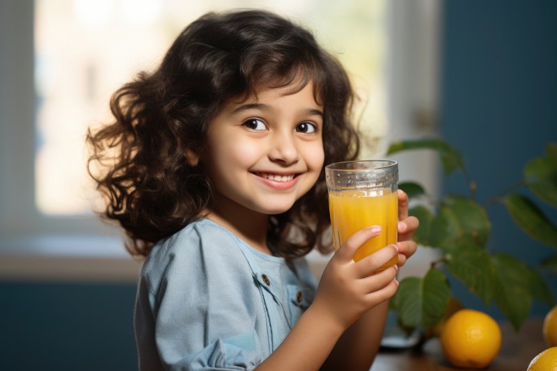 little girl smiling and holding a glass of orange juice